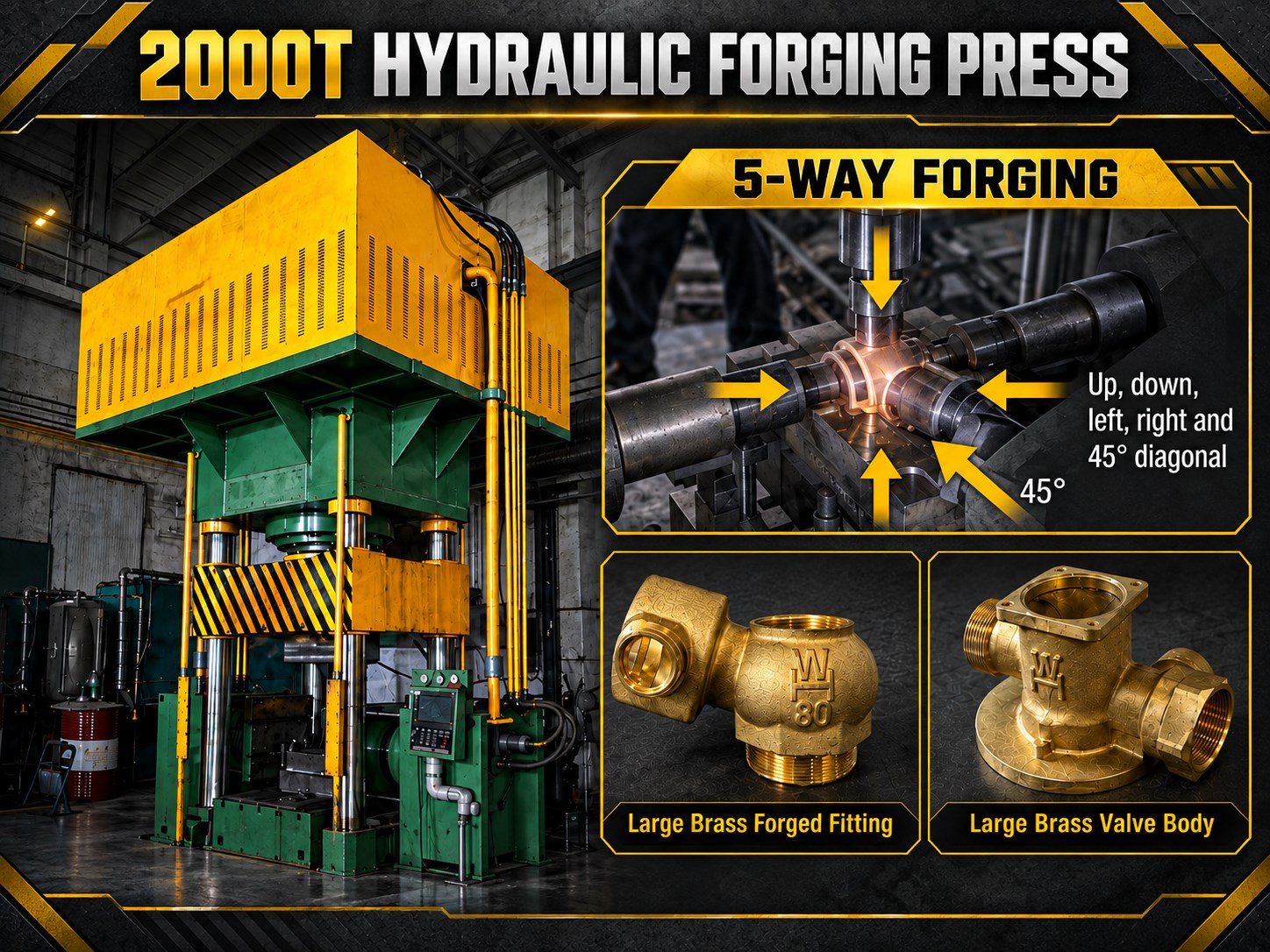 2000T hydraulic forging press with five-way forging capability and examples of large brass fittings and valve bodies