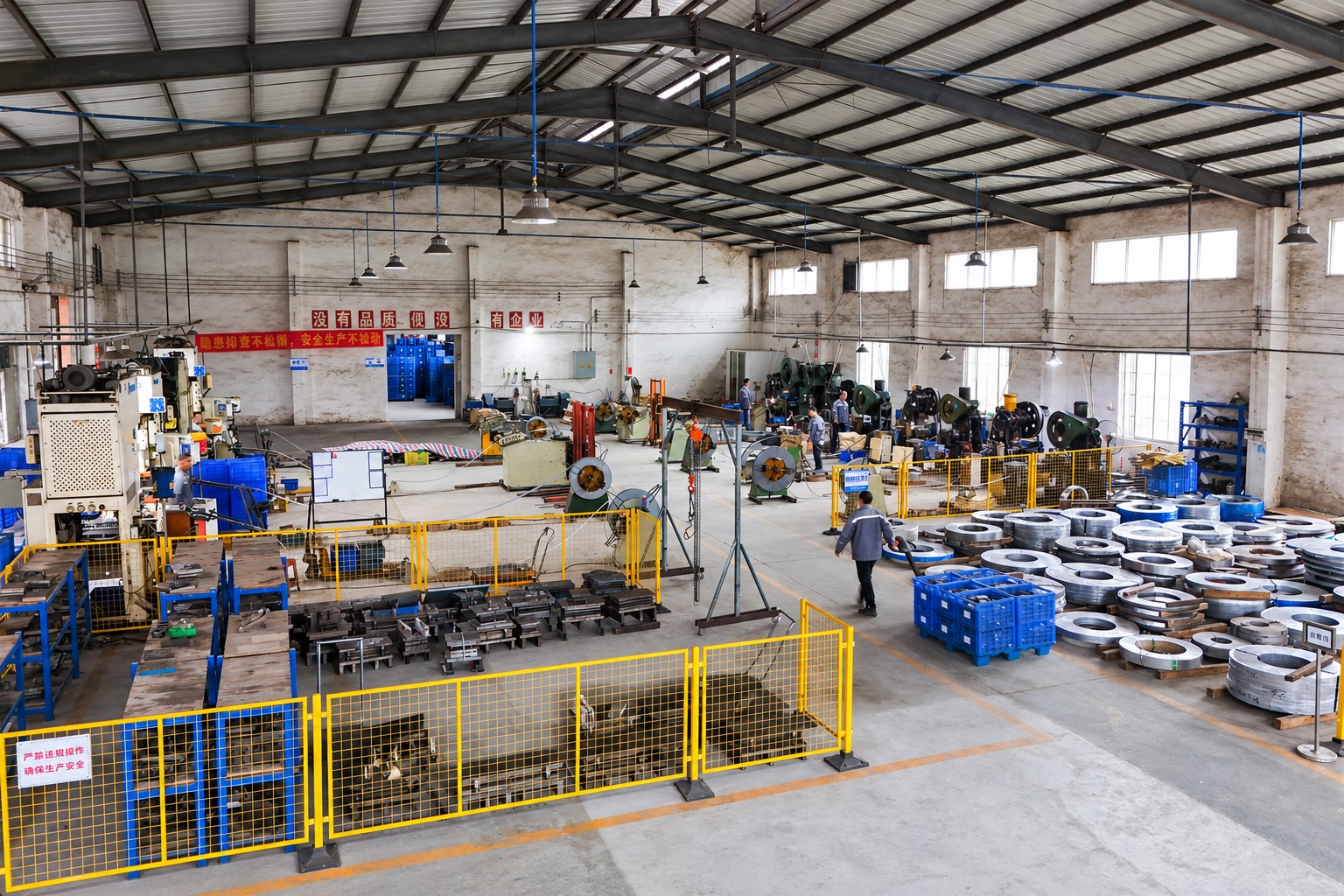 Stamping workshop with metal coils and forming equipment